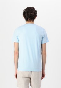 Ανοιχτό μπλε βαμβακερό t-shirt με κοντά μανίκια, στρογγυλή λαιμόκοψη και απλό σχέδιο στο πίσω μέρος.Φορεμένο με μπεζ σορτς. Μαλακή υφή.