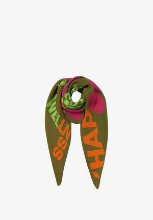 Silk scarf in olive green with bright pink and orange text reading "WELLNESS" and "HAP" alongside floral patterns. Twisted design with pointed ends.