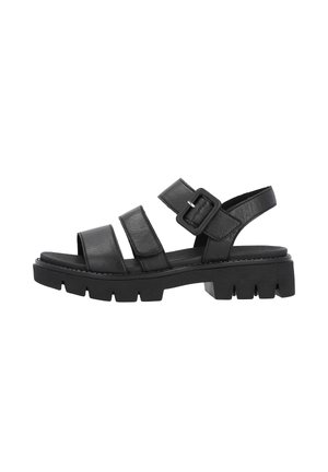 Sandale en cuir noir avec trois lanières, boucle réglable et semelle épaisse à crampons pour une bonne adhérence.