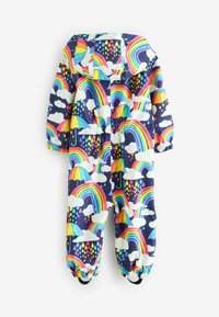 Rainproof jumpsuit in navy with colorful rainbow, umbrella, rain, and cloud patterns. Features elastic cuffs and a hood. Smooth, durable material.