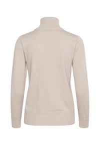 Beige tanke med lång ärm, ribbad krage och fåll, med en mjuk textur och minimalistisk design. Bakvy visas.