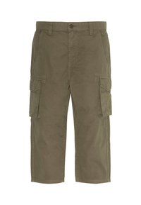 Bermudas cargo de color verde oliva hechas de algodón, con múltiples bolsillos laterales, cierre de botón y un ajuste relajado. Acabado de tela texturizada.