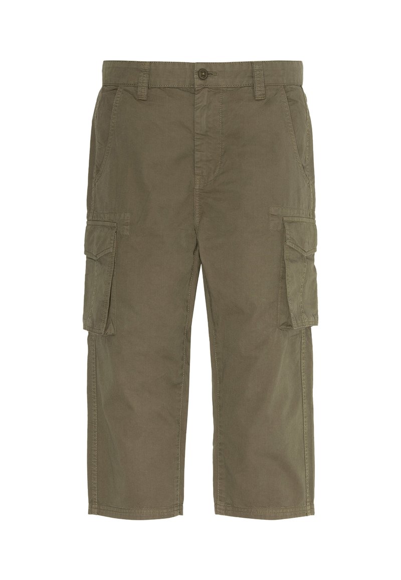 Bermudas cargo de color verde oliva hechas de algodón, con múltiples bolsillos laterales, cierre de botón y un ajuste relajado. Acabado de tela texturizada.