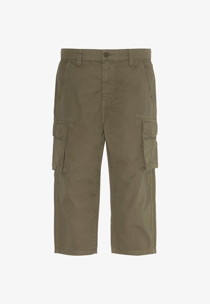 Bermudas cargo de color verde oliva hechas de algodón, con múltiples bolsillos laterales, cierre de botón y un ajuste relajado. Acabado de tela texturizada.