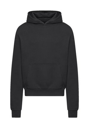 Schwarzer Hoodie im Pullover-Stil mit einer Fronttasche im Kängurudesign und gerippten Bündchen und Saum. Hergestellt aus weichem Stoff mit glatter Textur.