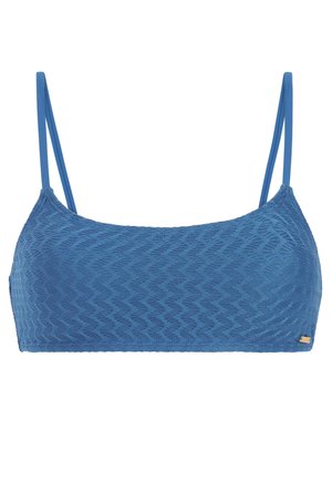 Blauw textuur bikinitopje met dunne dubbele schouderbandjes en een klein gouden logotaggetje rechtsonder.
