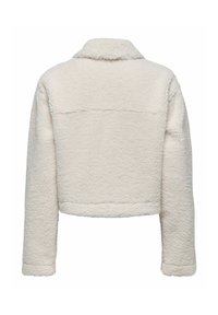 Giacca in pile colore crema, corta, con maniche lunghe e una superficie morbida e texture, vista dal retro.