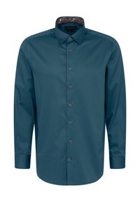 Türkisfarbener Hemd mit Knöpfen, kontrastierendem gemustertem Kragen, braunen Knöpfen, langen Ärmeln und glatter Stoffstruktur.