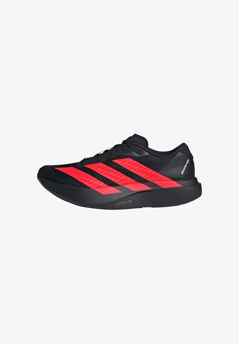 Black running shoe with red striped accents, textured upper, and a lightweight sole labeled "LIGHTSTRIKE PRO" for cushioning.
