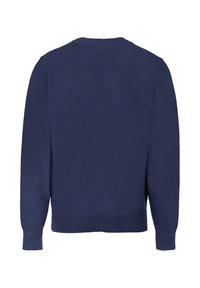 Maglione lavorato a maglia blu navy, collo a giro, maniche lunghe, con polsini e orlo a coste, texture liscia, senza motivi visibili o accessori.