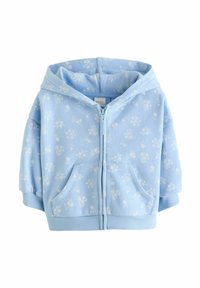 Lysblå zip-up hoodie med blomstermønster, forlommer, hætte-design samt ribkantede manchetter og talje. Blødt stof.
