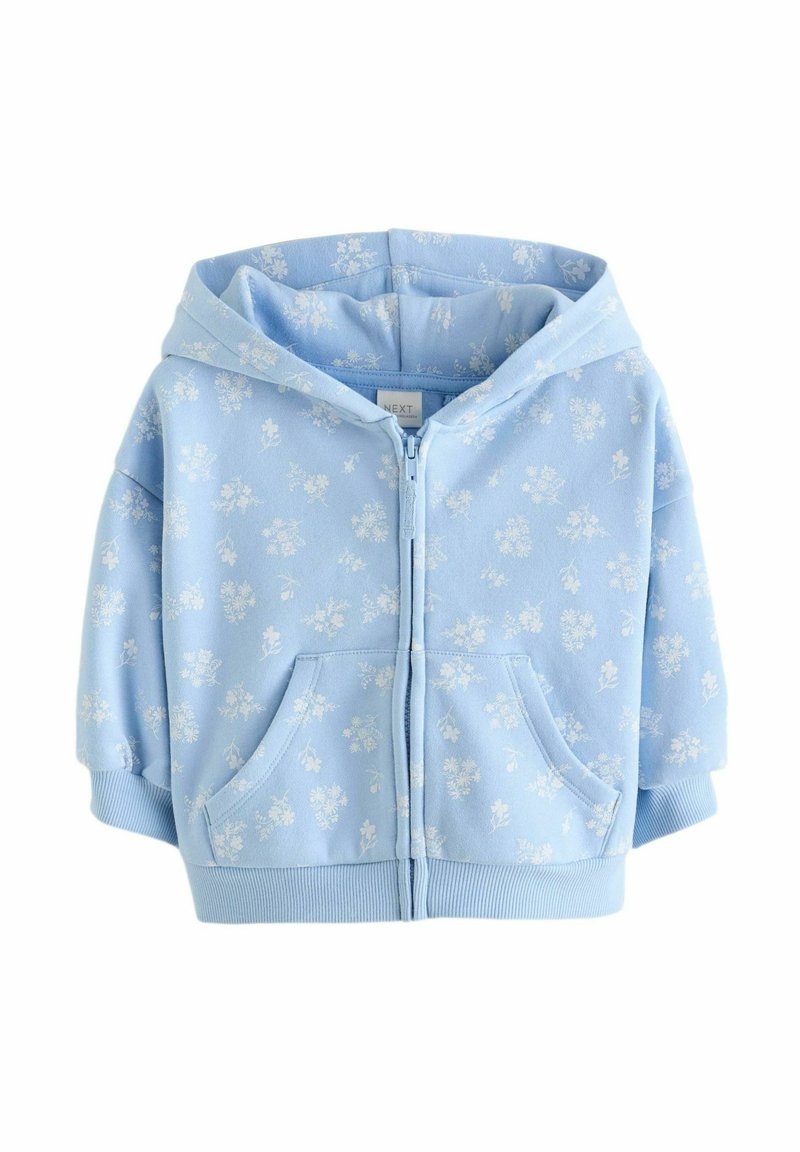 Lysblå zip-up hoodie med blomstermønster, forlommer, hætte-design samt ribkantede manchetter og talje. Blødt stof.