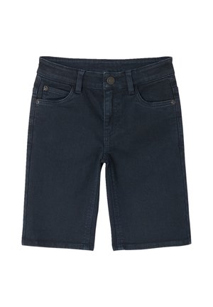 Dark blue denim knee-length shorts with front button, belt loops, and front pockets.