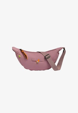 Sac bandoulière en tissu rose avec sangle réglable, fermeture éclair à l'avant et petite poche avec accent orange sur fond blanc.