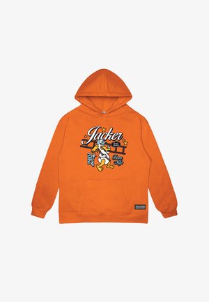 Orange hooded sweatshirt with a front pocket, featuring colorful graphic text and a cartoon duck illustration. Soft fabric texture.
