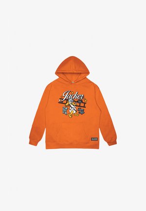 Orange hooded sweatshirt with a front pocket, featuring colorful graphic text and a cartoon duck illustration. Soft fabric texture.