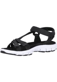 Black sandal with adjustable straps, fabric upper, cushioned insole, and white rubber outsole for traction and durability.