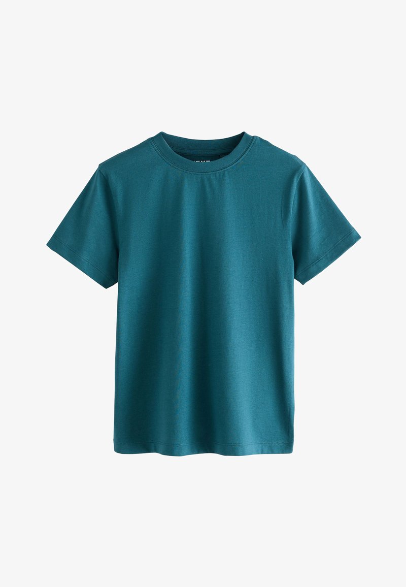 Camiseta sencilla de color verde azulado, de manga corta y cuello redondo, mostrada sobre un fondo blanco, vista frontal, tela sin arrugas.