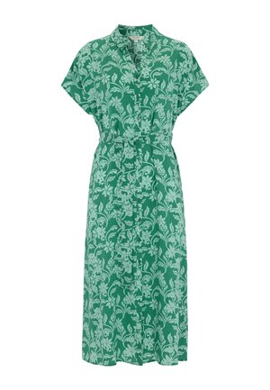 Groene midi-jurk met licht bloemmotief, korte mouwen, knoopsluiting aan de voorkant, kraag en bijpassende stoffen riem in de taille.