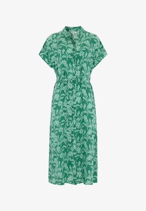 Vihreä midi-mekko, jossa vaalea kukkakuvio, lyhyet hihat, napitettu edusta, kaulus ja vyötäröllä samaa kangasta oleva vyö.