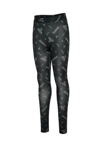 Svarta leggings med en figurnära design, prydda med ett upprepat grått logomönster och en slät yta. Elastisk midja för komfort och flexibilitet.
