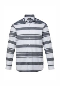 Camisa de manga larga con cuello, presenta rayas horizontales alternas en gris y blanco, con cierre de botones en el frente y una textura de tela suave.