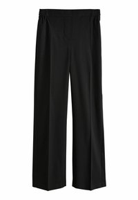 Pantaloni neri a gamba larga con vita elastica, caratterizzati da una trama di stoffa liscia e senza motivi o decorazioni visibili.