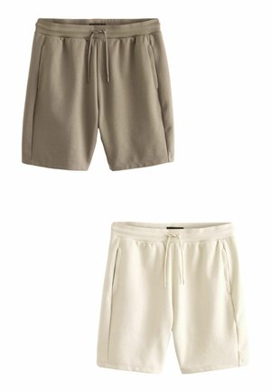 Light beige and olive green shorts made of soft fabric, featuring an elastic waistband, drawstring, and side pockets.