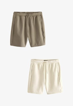 Gai beigi un olīvu zaļi šorti, kas izgatavoti no mīksta auduma, ar elastīgu jostu, auklu un sānu kabatām.