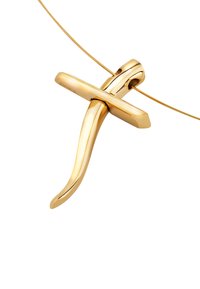 Guldtonet vedhæng halskæde med et strømlinet, forlænget korsdesign med en buet hale, monteret på en tynd, fleksibel tråd kæde.