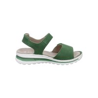 Grøn åben sandal med justerbar ankelrem, polstret beige indersål og hvid tekstureret sål med grønne detaljer.