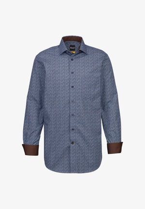 Camicia a maniche lunghe con bottoni caratterizzata da un motivo floreale blu con dettagli marroni ai polsini e al colletto, realizzata in un tessuto liscio con una vestibilità classica.