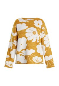 Maglione giallo senape con motivi floreali bianchi, maniche lunghe, scollatura a girocollo e una finitura morbida e testurizzata.