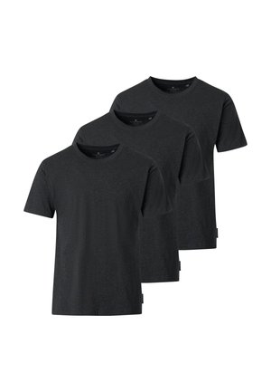 Drei schlichte dunkelgraue T-Shirts mit Rundhalsausschnitt und kurzen Ärmeln, in einer versetzten, überlappenden Anordnung auf weißem Hintergrund.