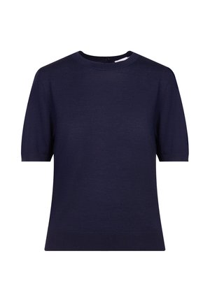 Marineblauwe gebreide pullover met een ronde hals en korte mouwen. De stof lijkt zacht en soepel, met een aansluitende maar ontspannen pasvorm.