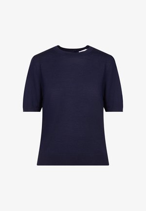 Marineblauwe gebreide pullover met een ronde hals en korte mouwen. De stof lijkt zacht en soepel, met een aansluitende maar ontspannen pasvorm.