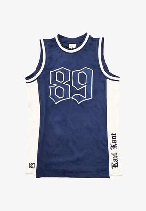 Navy sleeveless jersey with white side panels. Features bold white '89' graphic on front and "Karl Kani" in ornate text on the side. Soft fabric.
