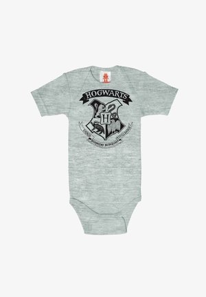 Light gray baby onesie with black Hogwarts crest featuring a lion, snake, badger, eagle, and "Draco Dormiens Nunquam Titillandus" motto.