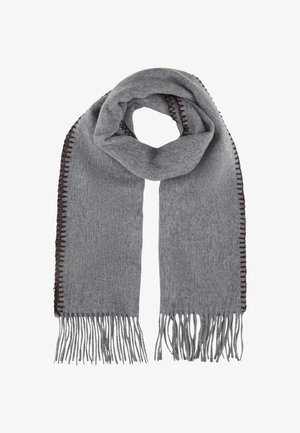 Grau gestrickter Schal mit einem Fransenbesatz und kontrastierenden braunen Nähten entlang der Kanten, der eine glatte Textur und rechteckige Form zeigt.