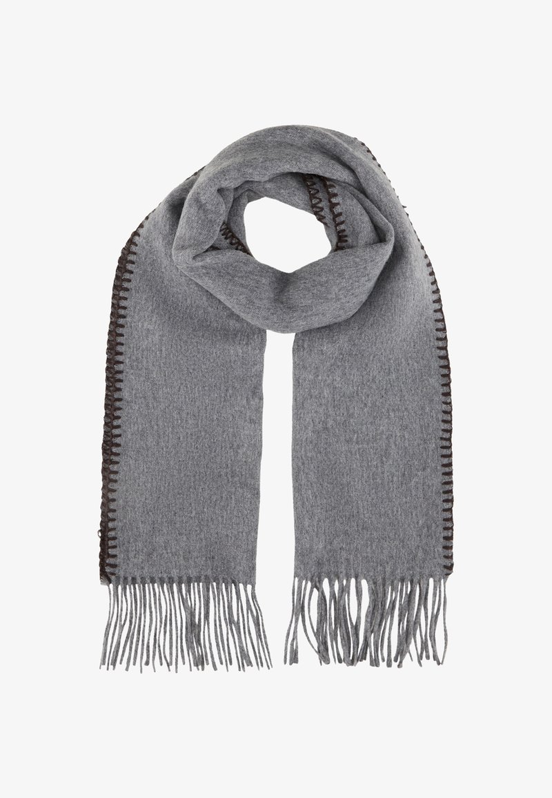 Écharpe en tricot gris avec une bordure à franges et des coutures brunes contrastantes le long des bords, présentant une texture lisse et une forme rectangulaire.