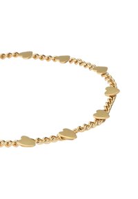 Collar de cadena de oro con secciones enlazadas alternas y acentos en forma de corazón, todo con un acabado pulido.