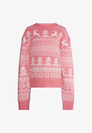Suéter de punto rosa con renos, árboles y copos de nieve blancos en un patrón Fair Isle. Puños y cuello acanalados. Diseño corto.