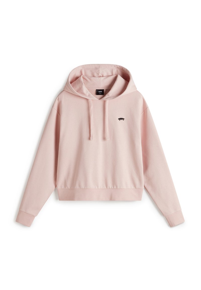 Felpa con cappuccio rosa realizzata in tessuto morbido. Presenta un piccolo logo nero sul petto, con maniche lunghe e una vestibilità rilassata.