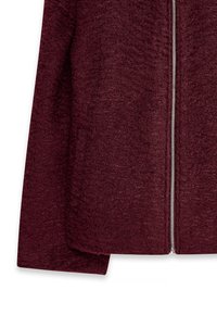 Burgundy zip-up jacket made from textured material; features long sleeves and a central zipper, with a soft, fuzzy finish.