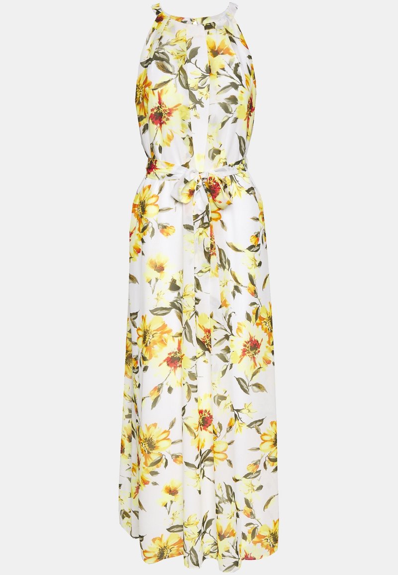 Robe maxi fleurie avec un fond blanc orné de motifs floraux jaunes et verts, taille nouée, et design sans manches. Tissu léger.