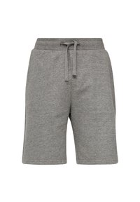 Grijze katoenen shorts met een elastische tailleband en een koord. Heeft een zachte textuur en een knielange snit, geschikt voor casual gebruik.
