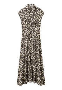 Bruin- en crèmekleurige jurk met dierenprint, knoopsluiting aan de voorkant, korte mouwen, ceintuur in de taille en een wijd uitlopende rok. Gemaakt van lichtgewicht stof.