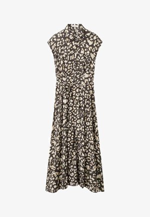 Sukienka z nadrukiem zwierzęcym w kolorach brązu i kremu, z przodem zapinanym na guziki, krótkimi rękawami, paskiem w talii i zwiewną spódnicą. Wykonana z lekkiego materiału.