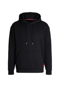 Felpa nera con cappuccio in cotone misto. Caratterizzata da una tasca a marsupio frontale, cordini con punte argentate e un'etichetta rossa sul lato.