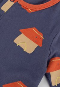 Navy onesie featuring orange, yellow, and beige house patterns. Soft cotton material with a cute round neckline and snap buttons.